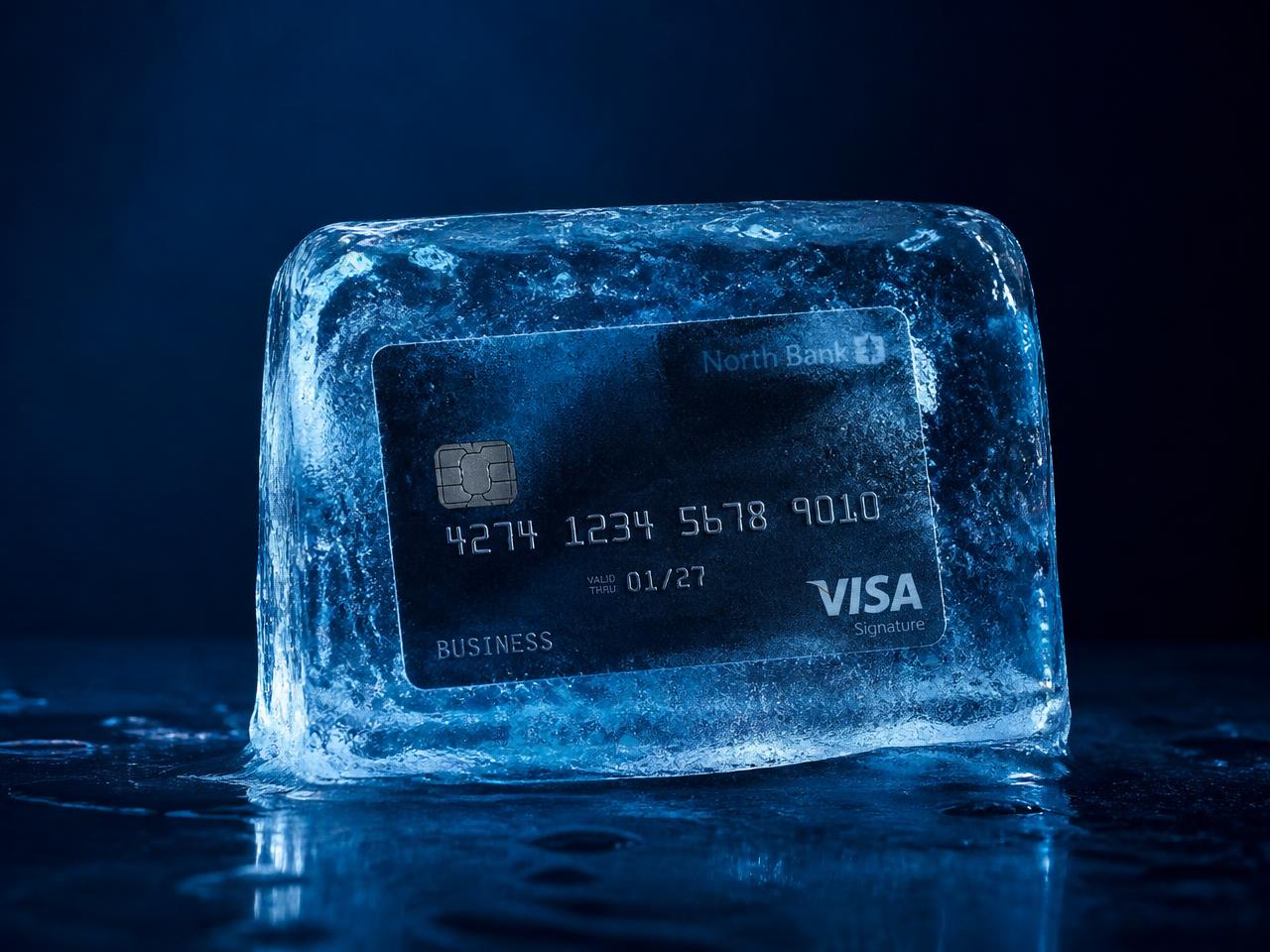 Frozen business payment card encased in ice